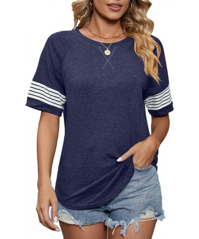 Women Casual Crewneck Summer T-Shirt Side Split Color Block Short Sleeve Tunic Shirt Tops 17-navy Blue $12.00 Tops