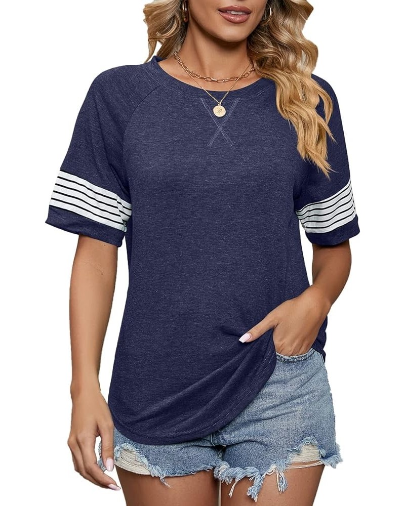 Women Casual Crewneck Summer T-Shirt Side Split Color Block Short Sleeve Tunic Shirt Tops 17-navy Blue $12.00 Tops