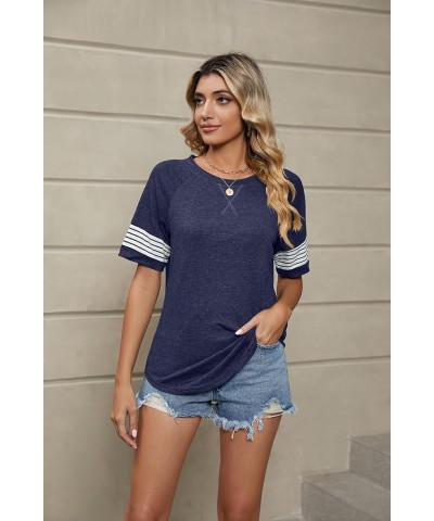 Women Casual Crewneck Summer T-Shirt Side Split Color Block Short Sleeve Tunic Shirt Tops 17-navy Blue $12.00 Tops