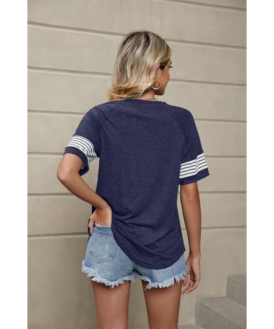 Women Casual Crewneck Summer T-Shirt Side Split Color Block Short Sleeve Tunic Shirt Tops 17-navy Blue $12.00 Tops