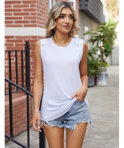 Women Casual Tank Tops Loose Fit Crew Neck Sleeveless Blouses Shirts Summer Flowy Tunic Button Design White $11.25 Tanks