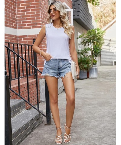 Women Casual Tank Tops Loose Fit Crew Neck Sleeveless Blouses Shirts Summer Flowy Tunic Button Design White $11.25 Tanks