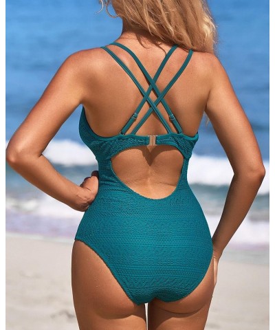 Women Crochet One Piece Swimsuits Plunge V Neck Strappy Bathing Suit Hollow Out Monokini Swimwear Blue $19.97 Swimsuits