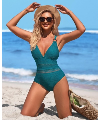 Women Crochet One Piece Swimsuits Plunge V Neck Strappy Bathing Suit Hollow Out Monokini Swimwear Blue $19.97 Swimsuits