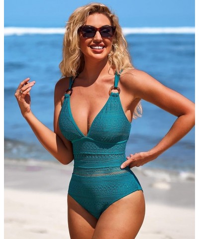 Women Crochet One Piece Swimsuits Plunge V Neck Strappy Bathing Suit Hollow Out Monokini Swimwear Blue $19.97 Swimsuits