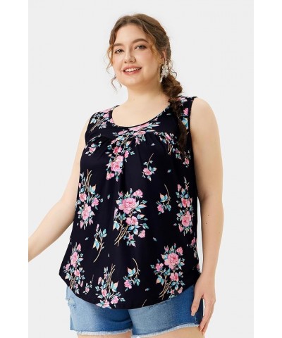 Plus Size Tank Tops for Women V/Round Neck Summer Sleeveless Basic Pleated Shirt Keyhole Tank XL-5XL E-882 Black Floral $10.7...