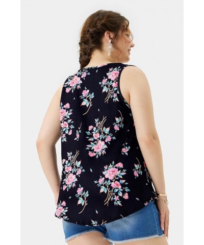 Plus Size Tank Tops for Women V/Round Neck Summer Sleeveless Basic Pleated Shirt Keyhole Tank XL-5XL E-882 Black Floral $10.7...