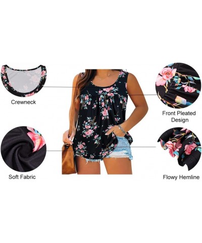 Plus Size Tank Tops for Women V/Round Neck Summer Sleeveless Basic Pleated Shirt Keyhole Tank XL-5XL E-882 Black Floral $10.7...