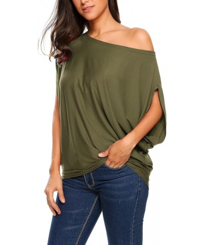 Women's Off Shoulder Blouse Loose Summer T Shirts Batwing Sleeve Tops S-XXL Army Green $10.06 Blouses