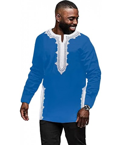 Men Tunic T-Shirt Caftan Shirt Breathable Polyester Fiber Handmade Embroidery Ethnic Tops Tee Blue $15.19 Others