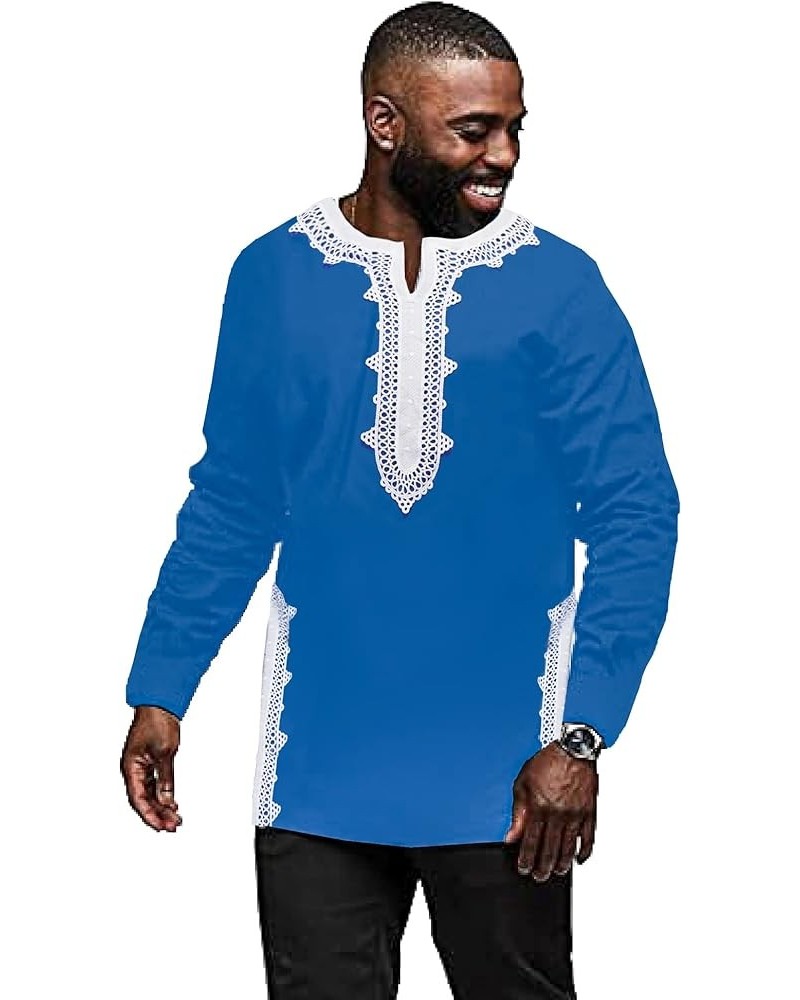 Men Tunic T-Shirt Caftan Shirt Breathable Polyester Fiber Handmade Embroidery Ethnic Tops Tee Blue $15.19 Others