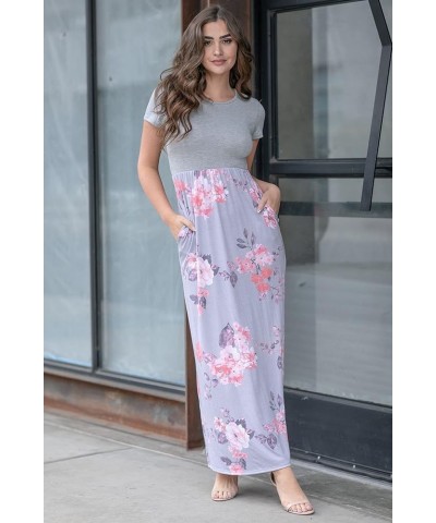 Eloges Summer Short Sleeve Floral Tie Dye Multi Stripe Plus Casual Long Maxi Dress with Pockets Grey Floral $12.61 Dresses