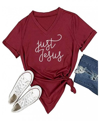 Women's V Neck T Shirt Letter Print Short Sleeve Graphic Tops Tees Wine Red $10.63 T-Shirts