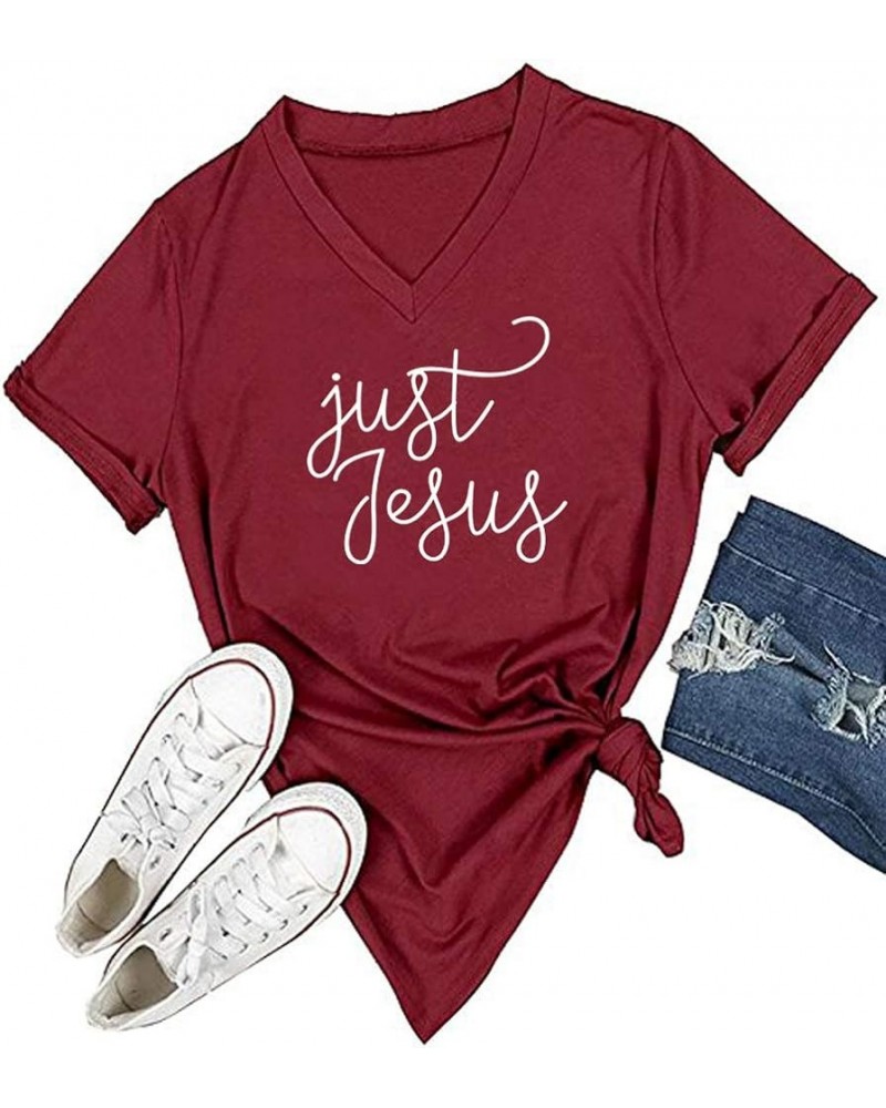 Women's V Neck T Shirt Letter Print Short Sleeve Graphic Tops Tees Wine Red $10.63 T-Shirts