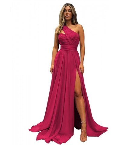 One Shoulder Chiffon Bridesmaid Dress with Pockets Long Slit Pleated Maid of Honor Dress A Line for Wedding ZD18 Fuchsia $27....