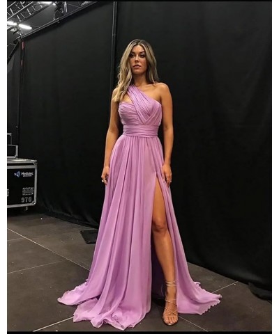 One Shoulder Chiffon Bridesmaid Dress with Pockets Long Slit Pleated Maid of Honor Dress A Line for Wedding ZD18 Fuchsia $27....