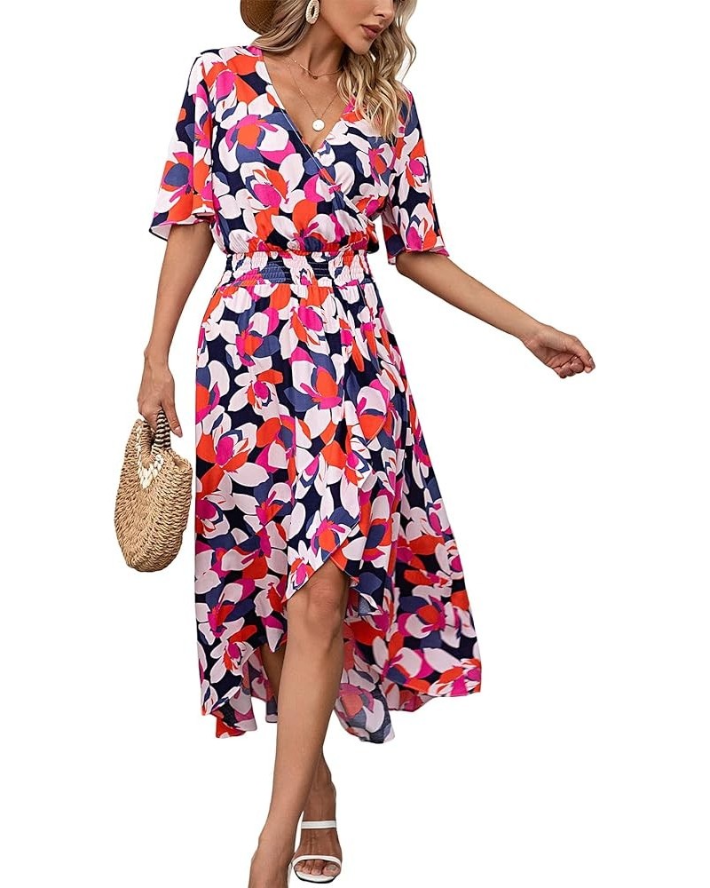 Womens Short Sleeve Floral High Low V-Neck Flowy Party Long Maxi Dress Navy/Orange Floral $10.25 Dresses