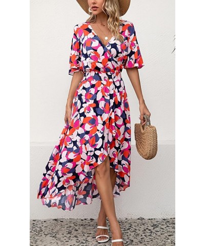 Womens Short Sleeve Floral High Low V-Neck Flowy Party Long Maxi Dress Navy/Orange Floral $10.25 Dresses