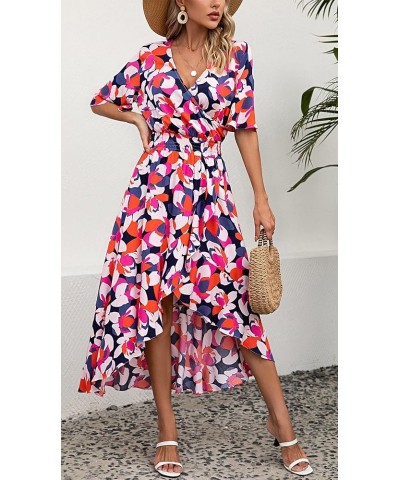 Womens Short Sleeve Floral High Low V-Neck Flowy Party Long Maxi Dress Navy/Orange Floral $10.25 Dresses