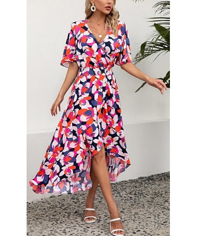 Womens Short Sleeve Floral High Low V-Neck Flowy Party Long Maxi Dress Navy/Orange Floral $10.25 Dresses