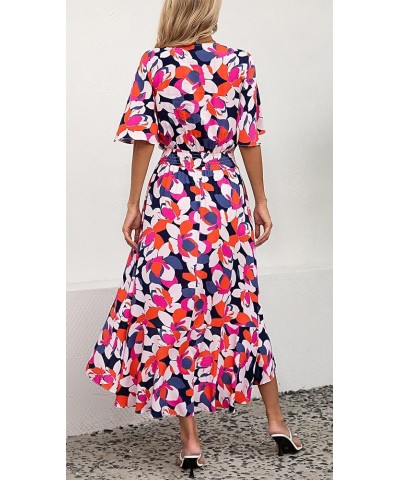 Womens Short Sleeve Floral High Low V-Neck Flowy Party Long Maxi Dress Navy/Orange Floral $10.25 Dresses