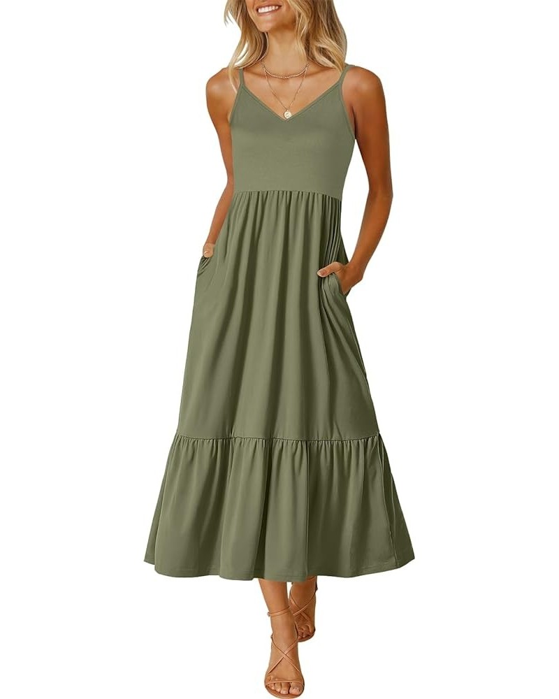 Women's 2024 Summer Dress Casual V Neck Spaghetti Strap Swing Dresses Flowy Beach Vacation Maxi Sundress Olive $16.45 Dresses