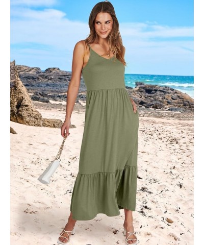 Women's 2024 Summer Dress Casual V Neck Spaghetti Strap Swing Dresses Flowy Beach Vacation Maxi Sundress Olive $16.45 Dresses