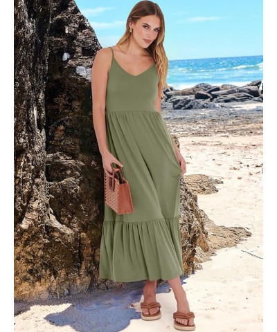 Women's 2024 Summer Dress Casual V Neck Spaghetti Strap Swing Dresses Flowy Beach Vacation Maxi Sundress Olive $16.45 Dresses