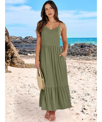 Women's 2024 Summer Dress Casual V Neck Spaghetti Strap Swing Dresses Flowy Beach Vacation Maxi Sundress Olive $16.45 Dresses