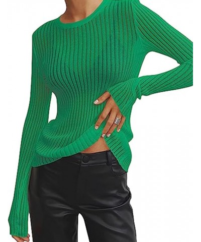 Women’s Solid See Through Mesh Knitted Sweater Crew Neck Long Sleeve Sheer Basic Loose Fit Pullover Shirt Tops Green $11.75 S...