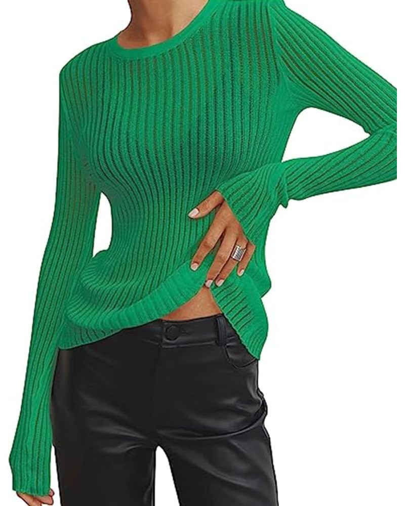 Women’s Solid See Through Mesh Knitted Sweater Crew Neck Long Sleeve Sheer Basic Loose Fit Pullover Shirt Tops Green $11.75 S...