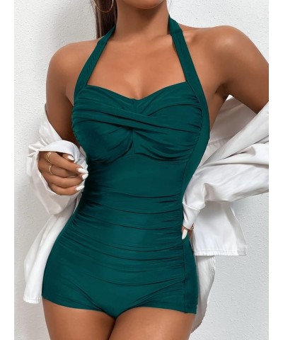 Women's Retro Tummy Control Swimsuits Halter One Piece Slimming Swimwear,Vintage Boyshorts Ruched Push Up Bathing Suit Green ...