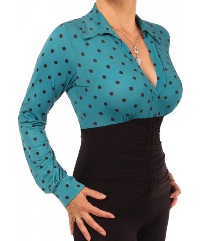 Women's Printed Collared Long Sleeve Stretchy Top Teal Polka Dot $39.20 Blouses