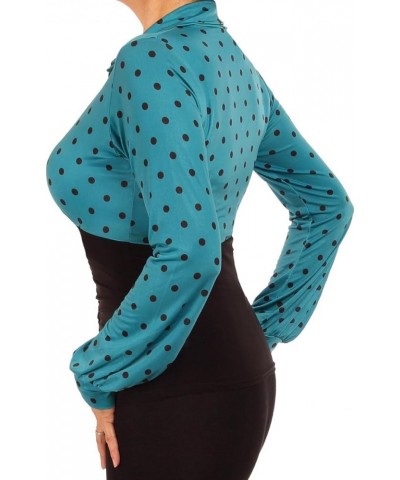 Women's Printed Collared Long Sleeve Stretchy Top Teal Polka Dot $39.20 Blouses