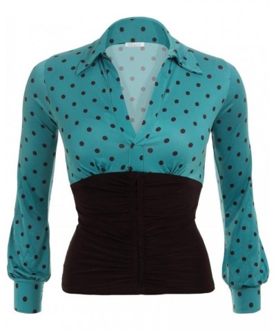 Women's Printed Collared Long Sleeve Stretchy Top Teal Polka Dot $39.20 Blouses