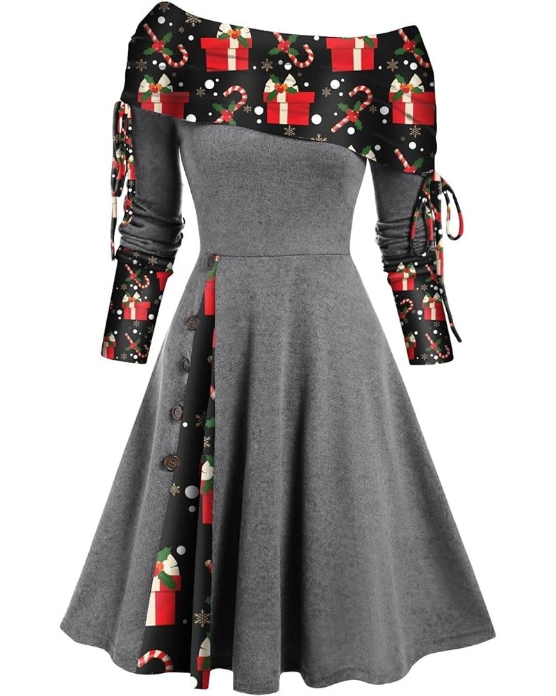 Women's Fashion Casual Waist Wide Hem Off Shoulder Long Sleeve A-Line Dress Gray-2 $11.69 Dresses