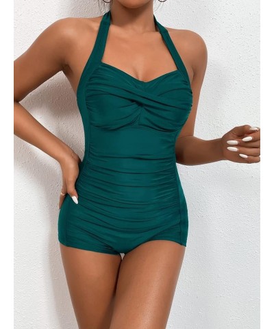 Women's Retro Tummy Control Swimsuits Halter One Piece Slimming Swimwear,Vintage Boyshorts Ruched Push Up Bathing Suit Green ...