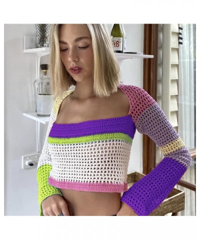 Women Hollow Out Square Neck Crochet Knit Sweater Pullover Y2k Crop Tops Long Sleeve Crochet Blouse Y2K Streetwear Purple $11...