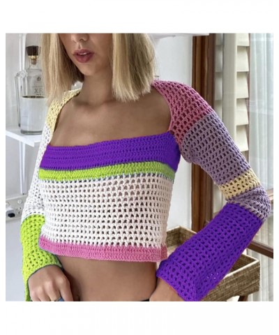 Women Hollow Out Square Neck Crochet Knit Sweater Pullover Y2k Crop Tops Long Sleeve Crochet Blouse Y2K Streetwear Purple $11...