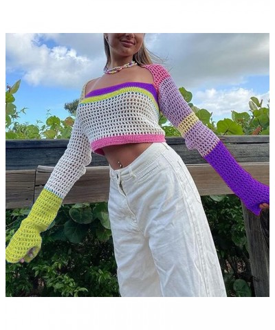 Women Hollow Out Square Neck Crochet Knit Sweater Pullover Y2k Crop Tops Long Sleeve Crochet Blouse Y2K Streetwear Purple $11...