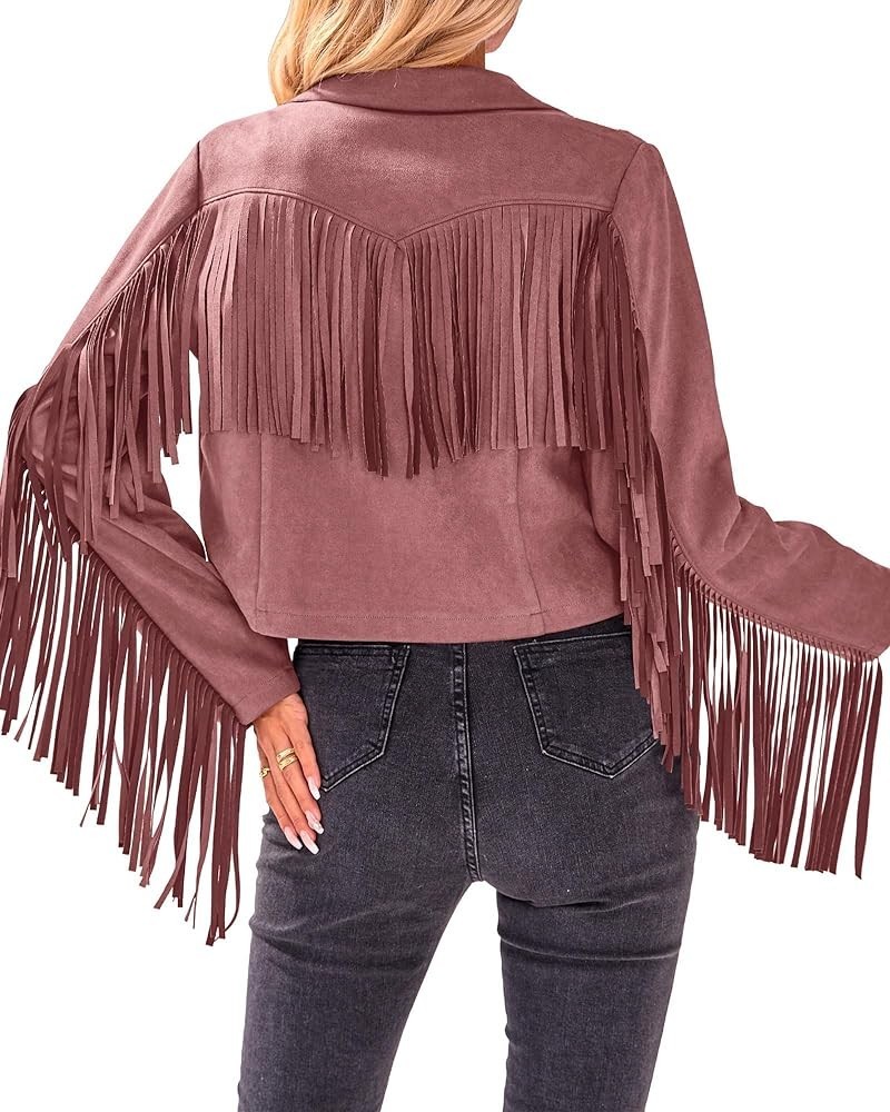 Women Fashion Cropped Tassel Fringe Faux Suede Leather Jacket Fall Winter Long Sleeve Lapel Neck Moto Coat Outwear Solid Dark...