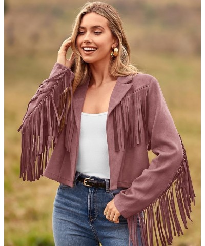 Women Fashion Cropped Tassel Fringe Faux Suede Leather Jacket Fall Winter Long Sleeve Lapel Neck Moto Coat Outwear Solid Dark...