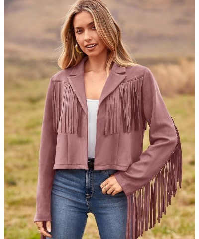 Women Fashion Cropped Tassel Fringe Faux Suede Leather Jacket Fall Winter Long Sleeve Lapel Neck Moto Coat Outwear Solid Dark...