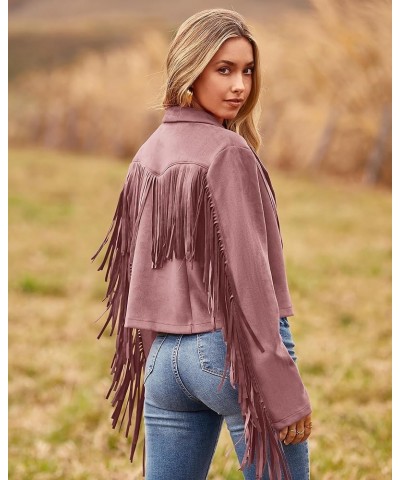 Women Fashion Cropped Tassel Fringe Faux Suede Leather Jacket Fall Winter Long Sleeve Lapel Neck Moto Coat Outwear Solid Dark...