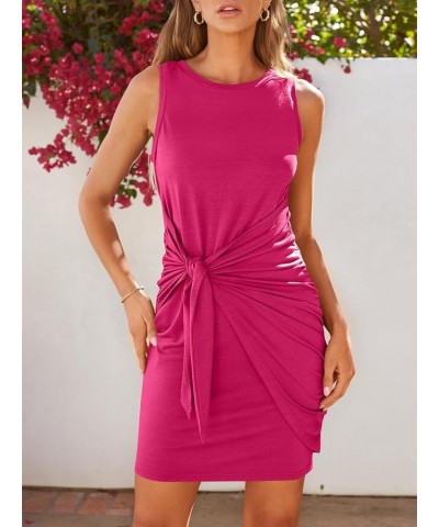 Women's Casual Sleeveless Bodycon Beach Tank Ruched Mini Dresses Hot Pink $16.77 Dresses