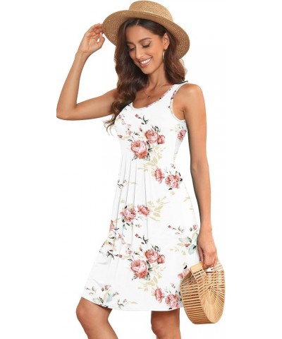 Women Summer Casual Sleeveless Midi Plain Pleated Tank Vest Dresses S-3XL 2-flower White Rose $14.62 Tops