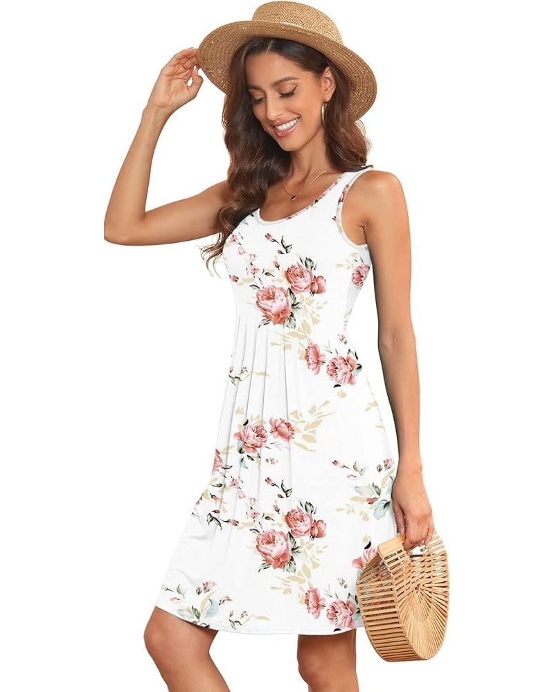 Women Summer Casual Sleeveless Midi Plain Pleated Tank Vest Dresses S-3XL 2-flower White Rose $14.62 Tops