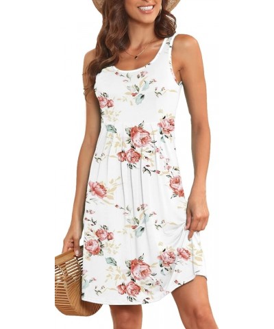 Women Summer Casual Sleeveless Midi Plain Pleated Tank Vest Dresses S-3XL 2-flower White Rose $14.62 Tops