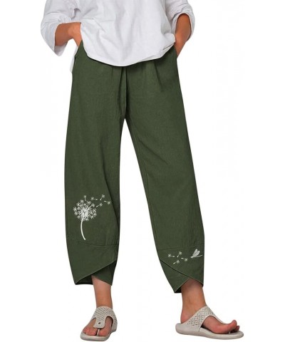 Linen Pants Women Cropped Women's Plus Size Embroidery Daisy Print High Waist Capri Pants Loose Casual Trousers Pants Z7-army...