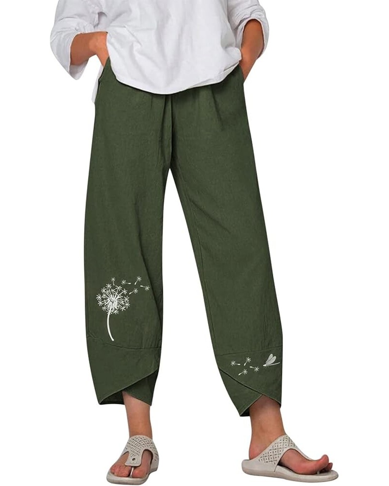 Linen Pants Women Cropped Women's Plus Size Embroidery Daisy Print High Waist Capri Pants Loose Casual Trousers Pants Z7-army...